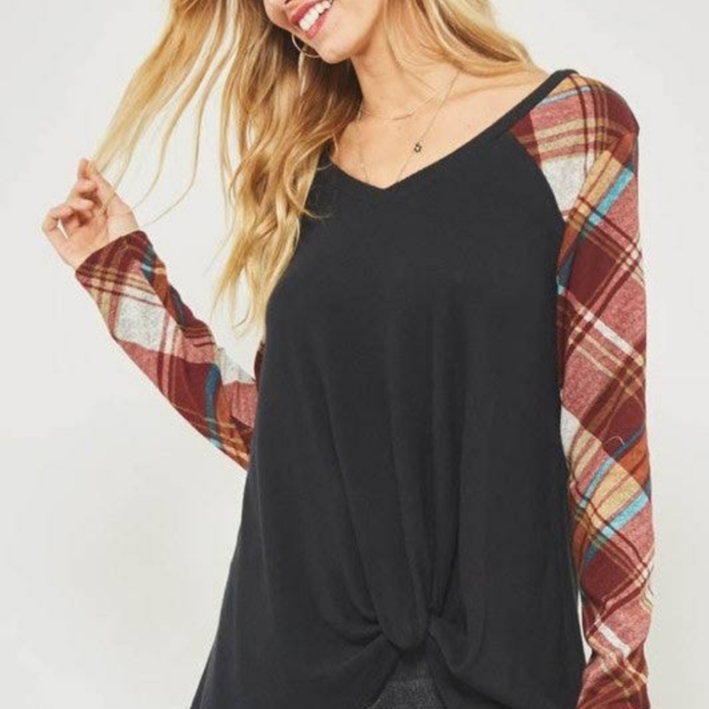 Promesa Plaid Sleeve Brush Knit Top